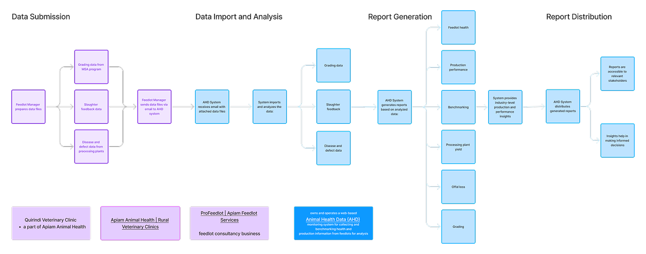 A workflow diagram created during the discovery phase, mapping the existing data journey from submission and import through analysis, report generation, and final distribution