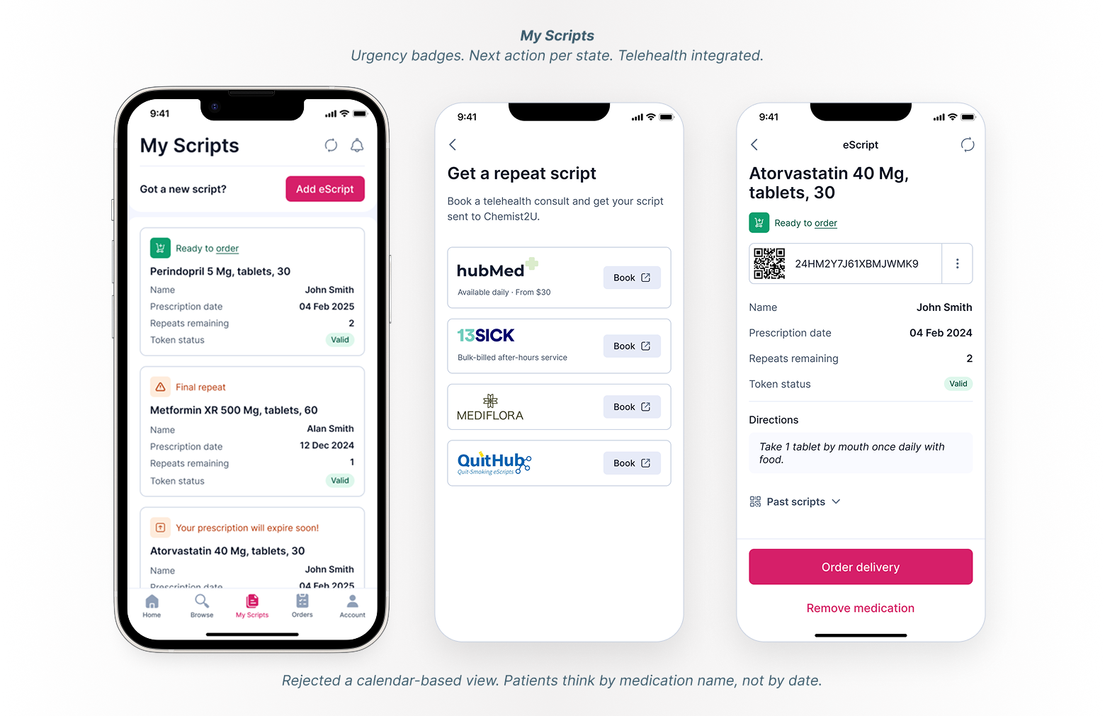 My Scripts — medication wallet showing script cards with status, repeat counts, reorder actions, and eRX integration