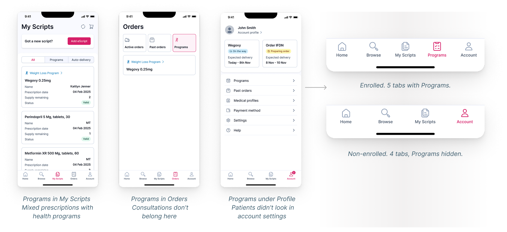 Exploring the Programs tab — design explorations showing the dynamic tab appearing on enrolment