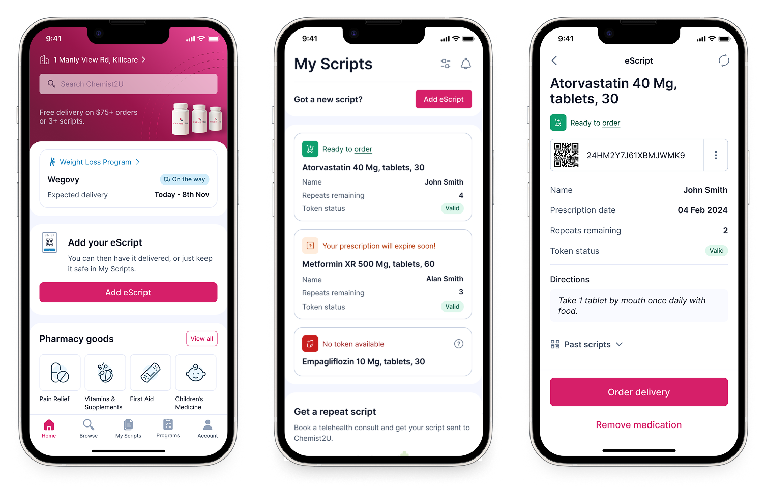 Hero shot - 3 key screens side by side showing: Home screen with Programs section in navigation, My Scripts dashboard with medication cards showing status/reminders, Medication details