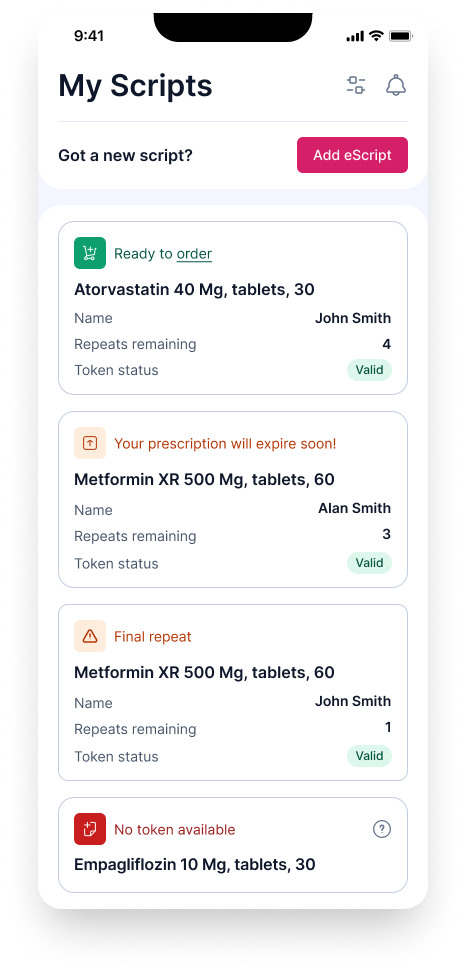 Medication cards showing different status states