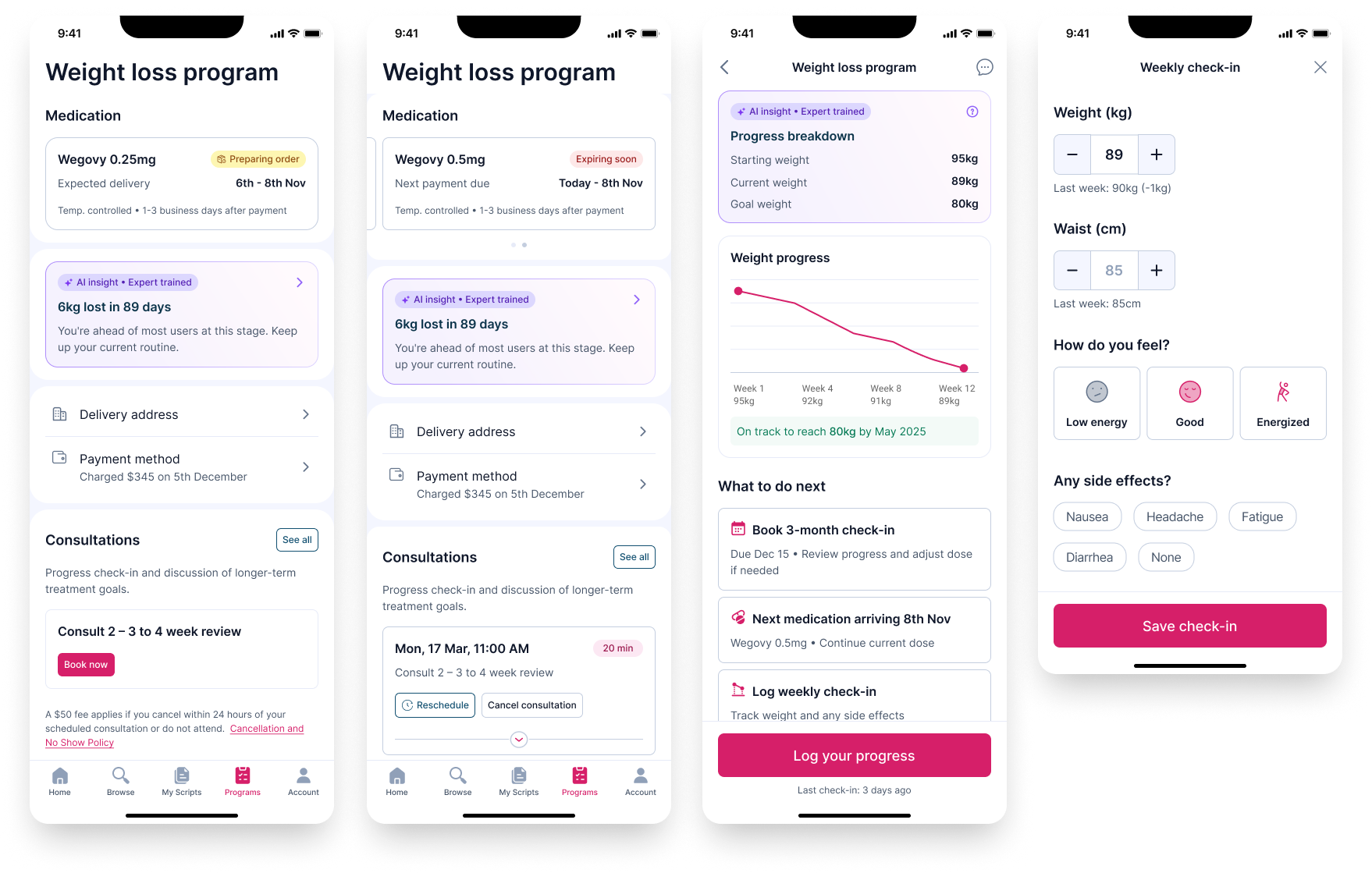 Program overview with consultation booking and Weekly check-in screen detail showing simple, friendly interface