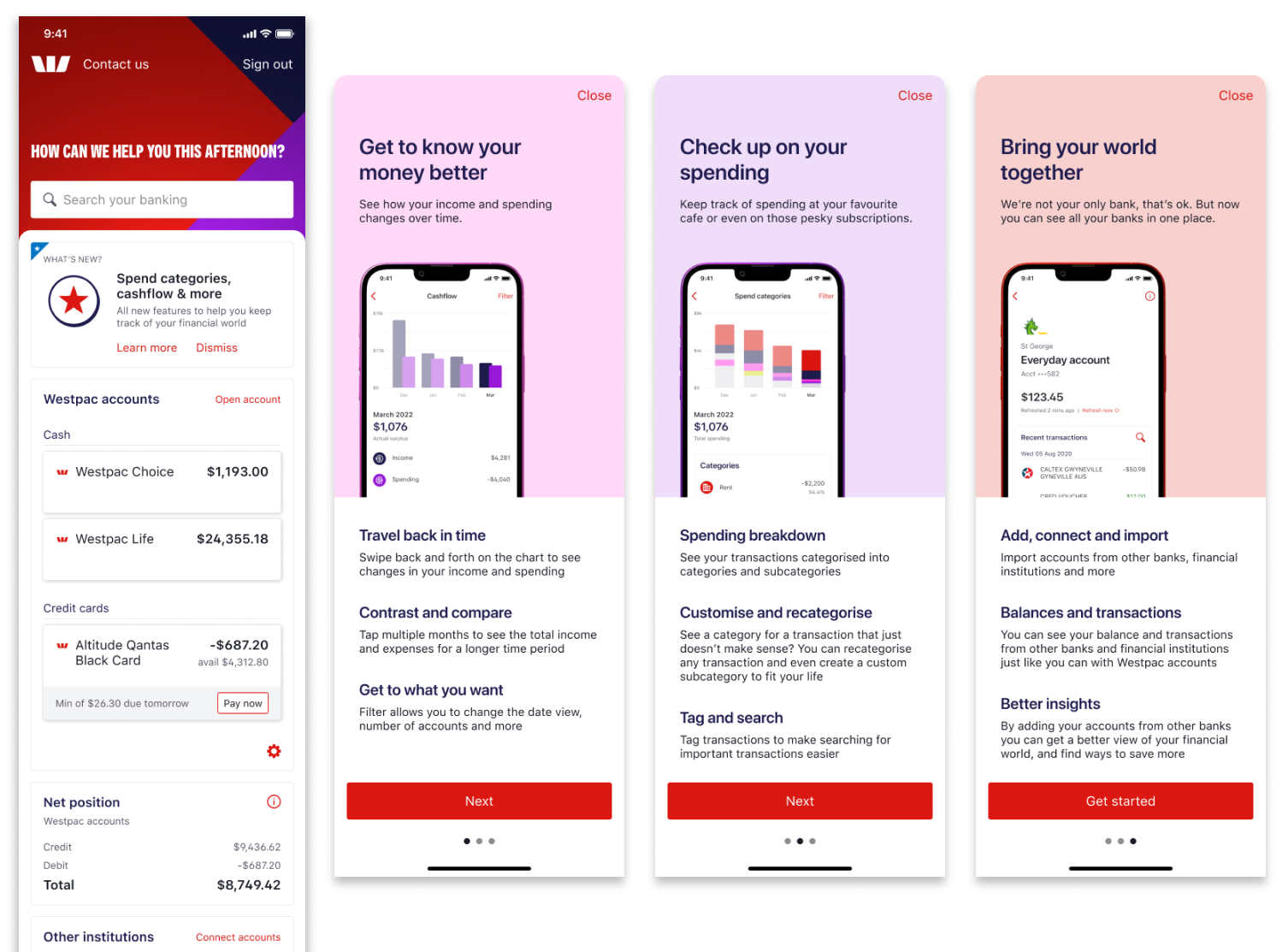 Mobile banking app screens showcasing money management features including cashflow tracking, spend analysis, and financial insights for Australian bank customers
