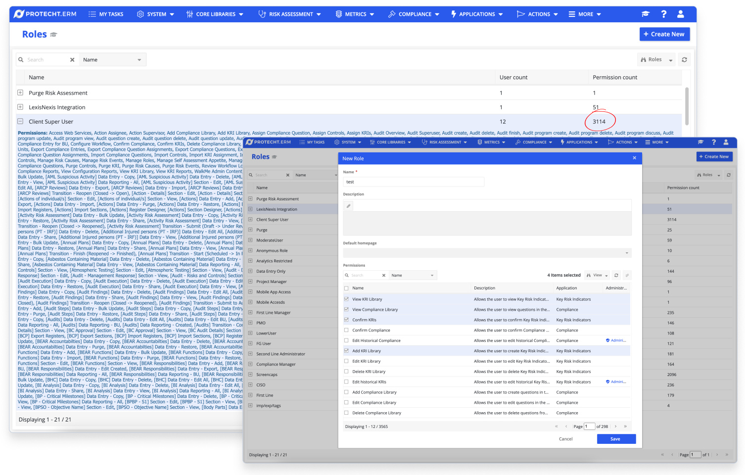 Legacy roles and permissions system showing overwhelming complexity with 3000+ individual permissions, poor structure, and confusing interface that led to 9-month customer onboarding times